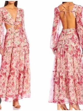 Gianni Bini Pink Floral Long Sleeve Cutout Dress